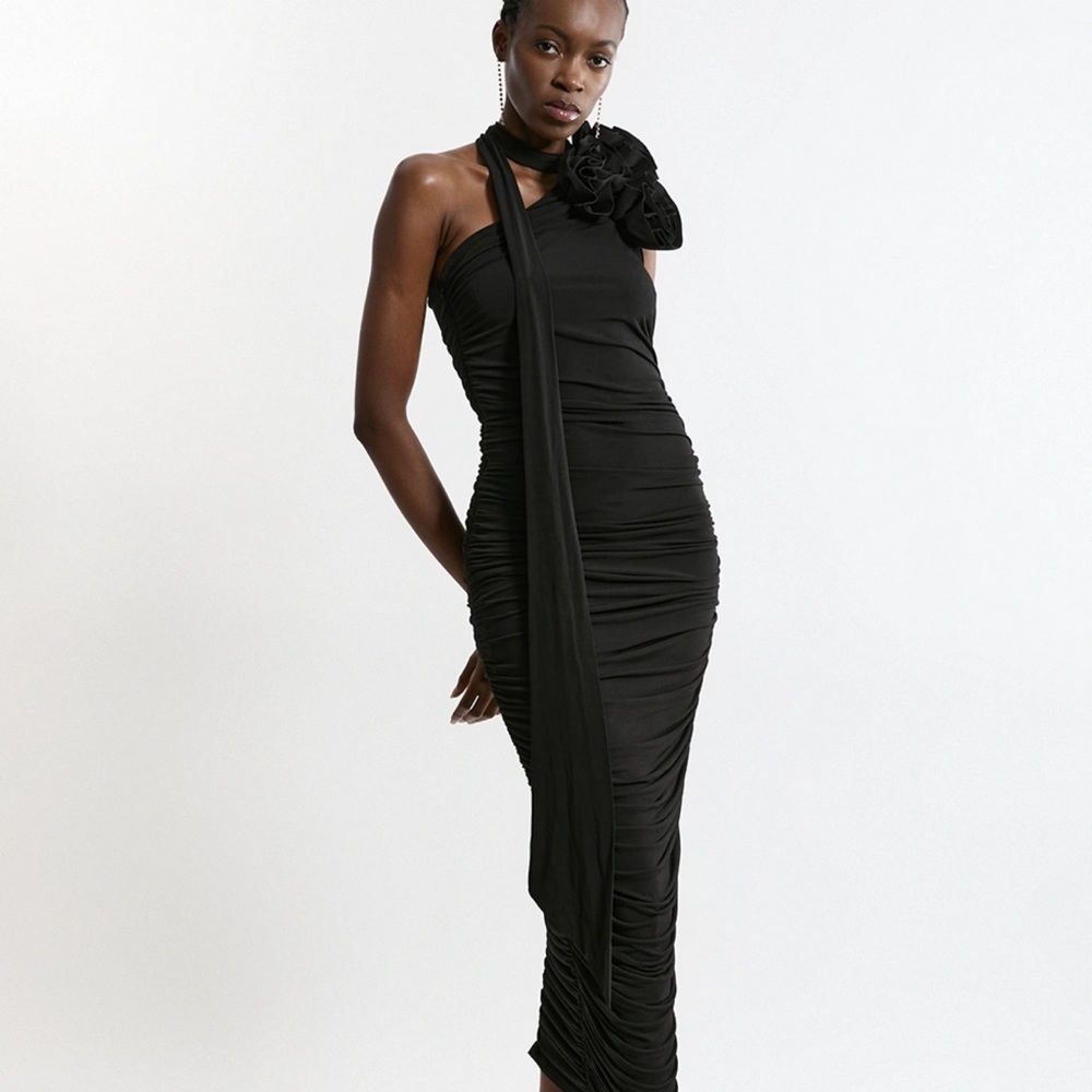Karen Millen Black One-Shoulder Ruched Gown with Floral Shoulder Detail